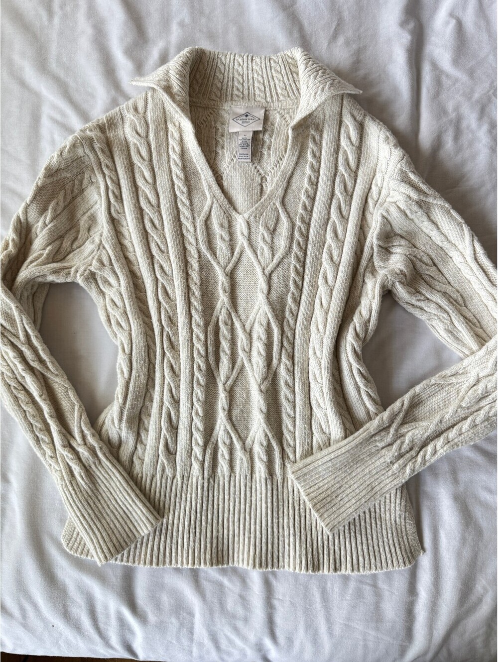 St. John's Bay Cream Cable Knit V-Neck Sweater with Collar, Medium